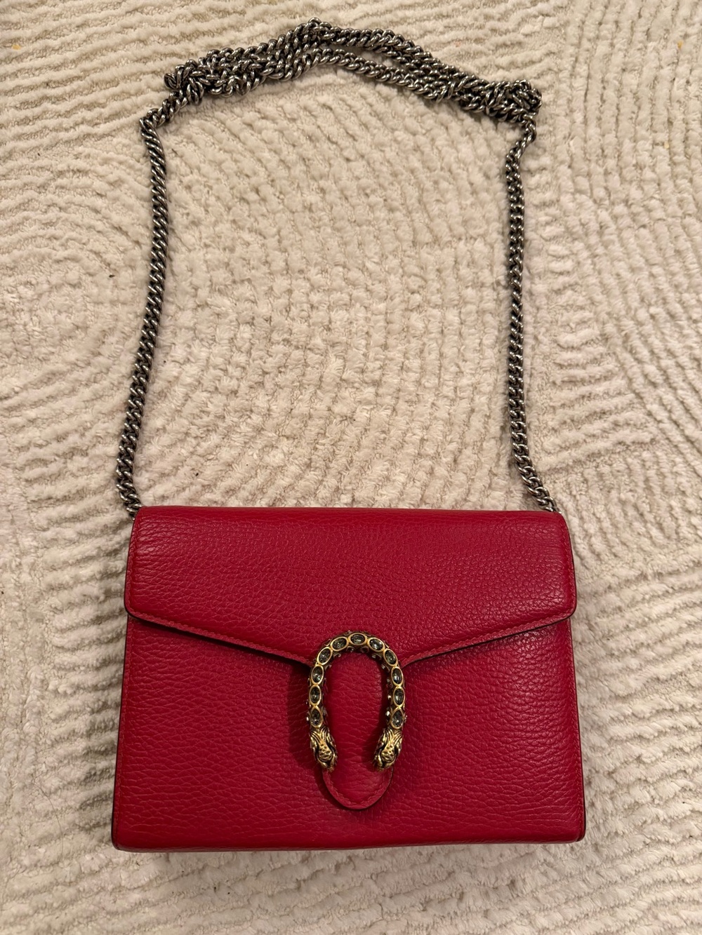 Gucci Red Dionysus Chain Crossbody Bag with Gold Horsebit Accent